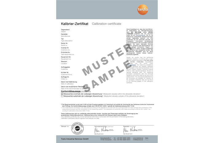 ISO calibration certificate for temperature - with selectable measuring points
