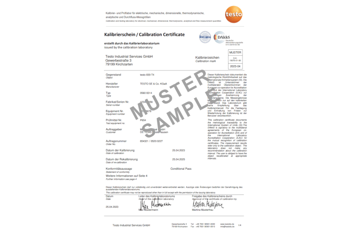 DAkkS temperature calibration certificate - with 5 measuring points