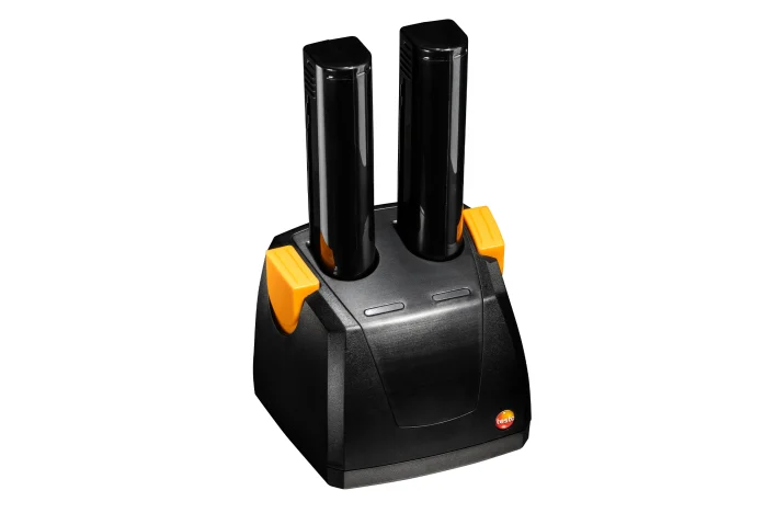 Desktop charger holds two batteries